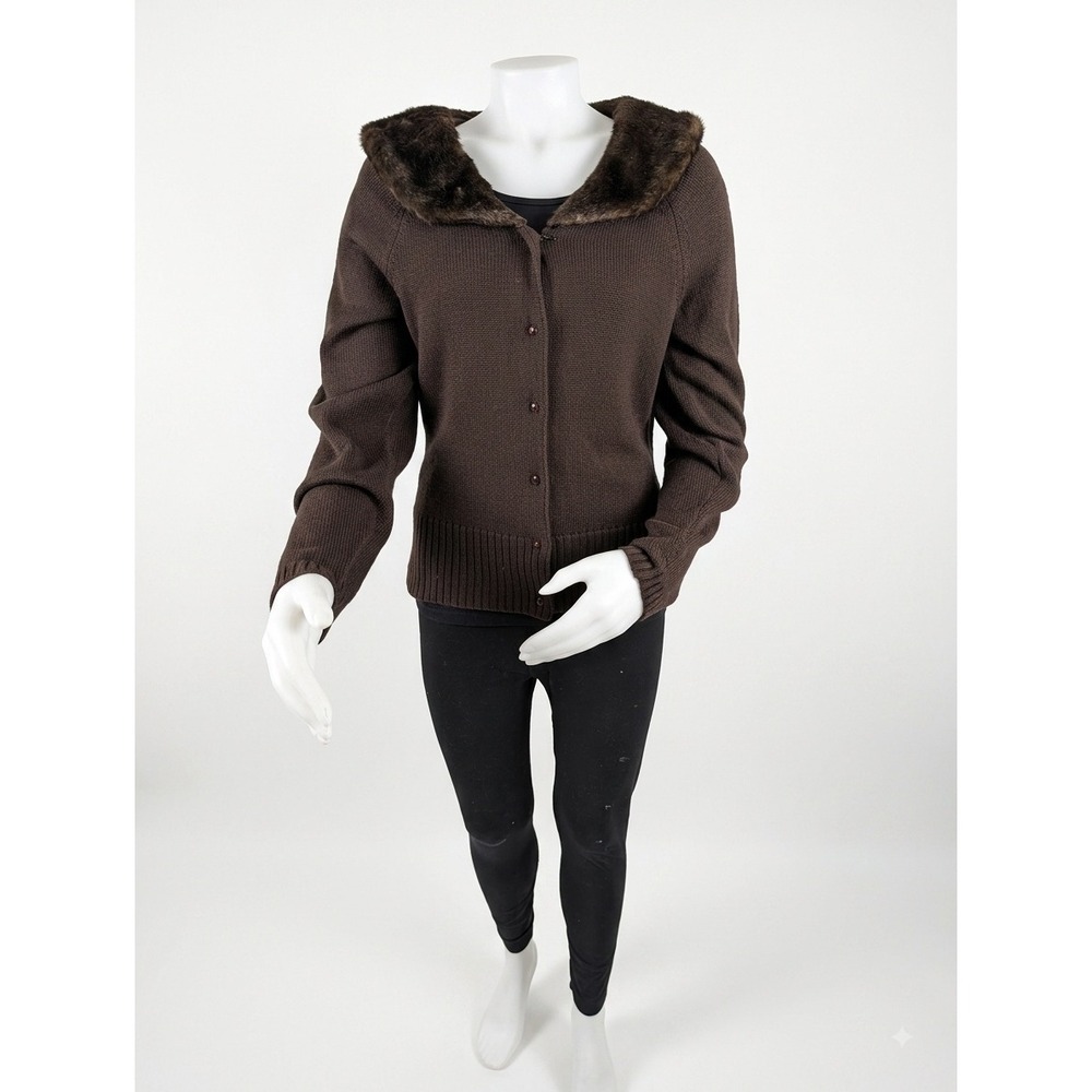 Dialogue Vintage Brown Knit Faux For Collar Cardigan Size M